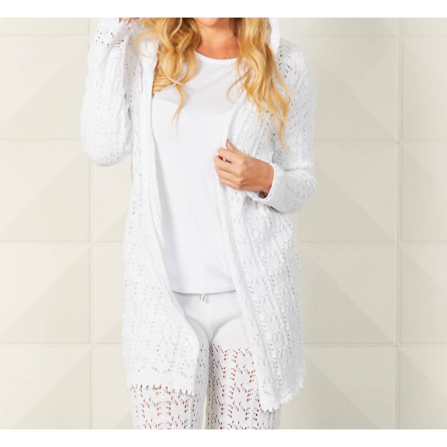 New French Kyss Crochet Long Hoodie Cardigan In White